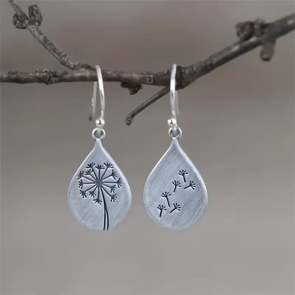 Silver Teardrop Dandelion Drop Pendant Earrings Dangle Etched Charm Resilience